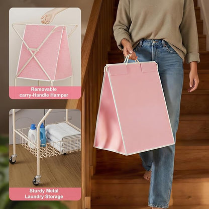 Convenient Laundry Basket with Wheels,36" High Easy Rolling Laundry Cart with Wheels,Heavy Duty Dirty Clothes Laundry Hamper with Handles Removable Bag for Seniors,Folding Metal Frame/Pink/98L