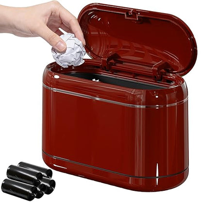 Mini Trash Can for Desk with 5 Rolls of Trash Bags, Small Press-Top Countertop Garbage Bin, Removable Waste Basket for Bedroom, Vanity, Coffee Table, Kitchen (Red Full-Lid)
