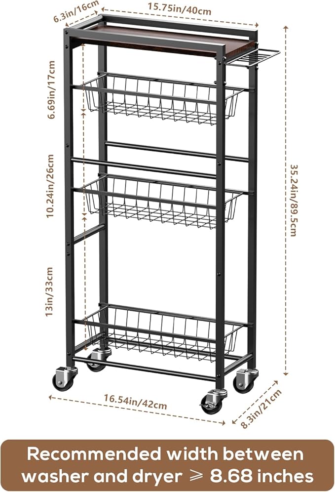 4 Tier Slim Rolling Storage Cart with Pull-Out Baskets, Narrow Sliding Storage Slim Laundry Rolling Cart Between Washer and Dryer