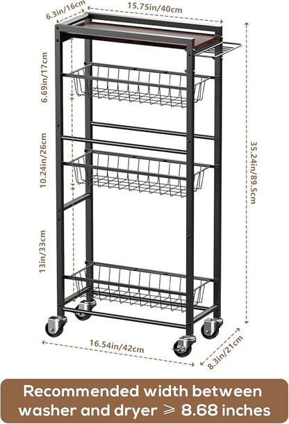 4 Tier Slim Rolling Storage Cart with Pull-Out Baskets, Narrow Sliding Storage Slim Laundry Rolling Cart Between Washer and Dryer