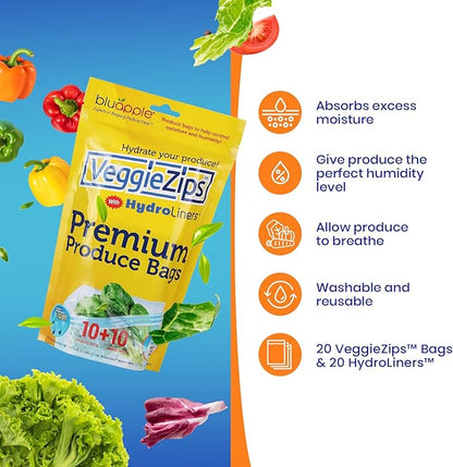 Bluapple VeggieZips Premium Produce Storage System - 40 Piece Set, 20 Food Saver Bags + 20 HydroLiners, Keep Produce Fresh Longer, Washable & Reusable Bags with Humidity Control for Fruit & Vegetables