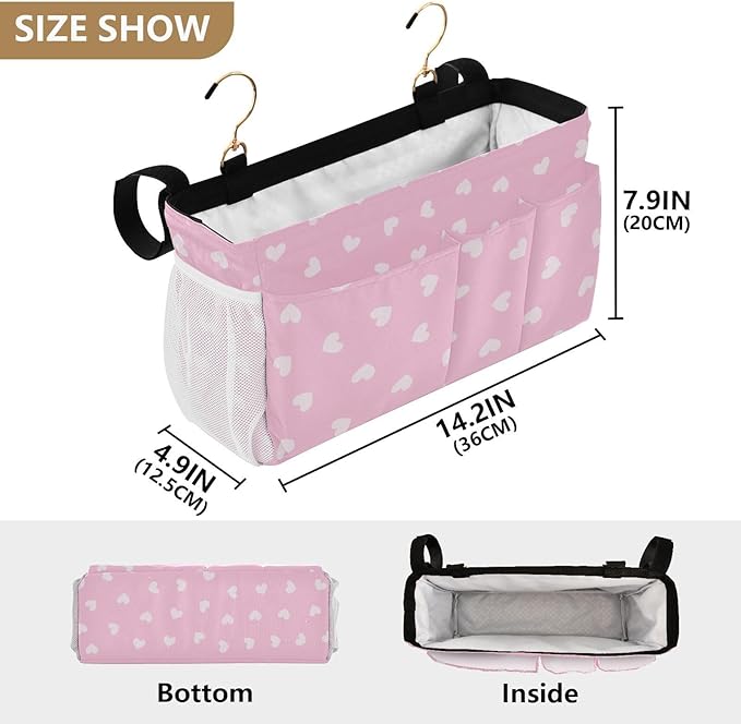 CuwrYet Bedside Caddy Hanging Bunk Bed Caddy Bed Organizer Hanging Pocket with 2 Hooks Bedside Storage Organizer Pocket Bag Holder Heart Pink