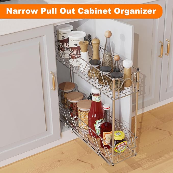 Narrow Pull Out Cabinet Organizer - 5" W x 21" D, 2-Tier Kitchen Cabinet Drawer Slide Out Shelves, Chrome