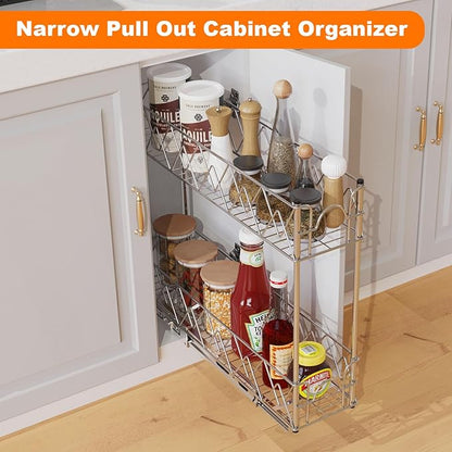 Narrow Pull Out Cabinet Organizer - 5" W x 21" D, 2-Tier Kitchen Cabinet Drawer Slide Out Shelves, Chrome