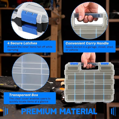 Small Parts Organizer | Storage Case Tools Box 34-Compartments Double Side Organizer Box with Removable Dividers for Small Hardware, Screws, Bolts, Nuts, Nails, Beads (Blue)