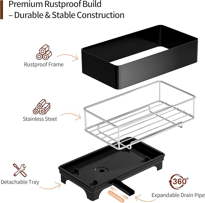 MOUKABAL Sponge Holder for Kitchen Sink – Rustproof Stainless Steel, 360° Rotating Drain Pipe, Large Counter Organizer with Drip Tray for Sponges, Brushes & Dish Cloths Black