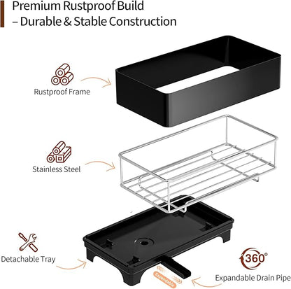 MOUKABAL Sponge Holder for Kitchen Sink – Rustproof Stainless Steel, 360° Rotating Drain Pipe, Large Counter Organizer with Drip Tray for Sponges, Brushes & Dish Cloths Black