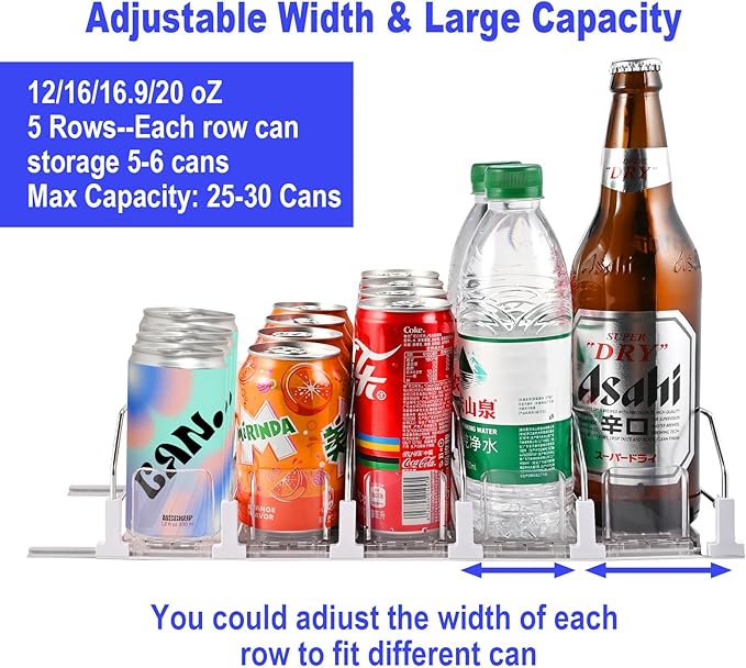 Faburo Drink Organizer for Fridge (Adjustable Width), 16.5” D Soda Can Fridge Drink Organizer, Refrigerator Beverage Organizers and Storage, Drink Dispenser Pop Can Holders for Fridge (5 Rows)