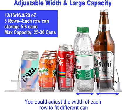 Faburo Drink Organizer for Fridge (Adjustable Width), 16.5” D Soda Can Fridge Drink Organizer, Refrigerator Beverage Organizers and Storage, Drink Dispenser Pop Can Holders for Fridge (5 Rows)