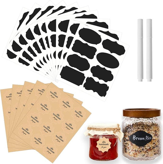 142Pcs Jar Label Stickers Set – 80 Reusable Blackboard Stickers with 2 White Erasable Chalk Markers, 60 Handmade for You Stickers, Perfect for Mason Jars, Spice Jars, Jam Jar & various Food Containers