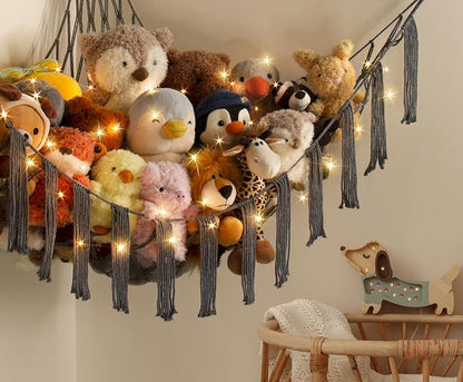 Stuffed Animal Hammock Corner Storage with LED Light - Pluish Hammock Large Plushie Net - Stuffed Animal Holder Hanging Organizer - Teddy Bear Hammocks Room Decorations