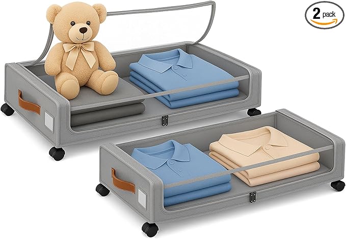 Under Bed Storage with Wheels – Foldable Rolling Organizer Bin with Lid & Label Slot, Clothes Storage Box for Blankets, Shoes, Sweaters, Underbed Storage Container for Bedroom & Closet (Gray*2pcs)
