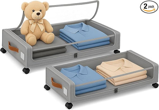 Under Bed Storage with Wheels – Foldable Rolling Organizer Bin with Lid & Label Slot, Clothes Storage Box for Blankets, Shoes, Sweaters, Underbed Storage Container for Bedroom & Closet (Gray*2pcs)