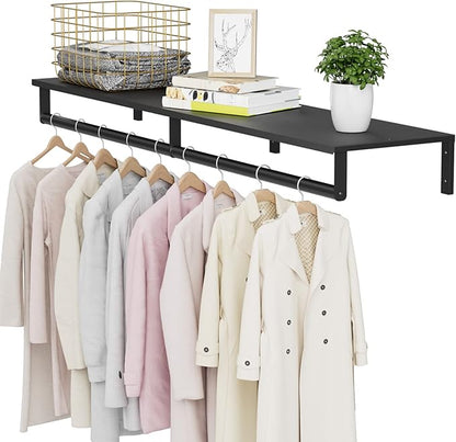 Wall Mounted Clothes Rack with Top Shelf, 46.5'' Industrial Clothing Rack Heavy Duty, Metal Shelf with Hanging Rod, Garment Rack Laundry Room Shelves, Space Saving