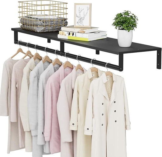 Wall Mounted Clothes Rack with Top Shelf, 46.5'' Industrial Clothing Rack Heavy Duty, Metal Shelf with Hanging Rod, Garment Rack Laundry Room Shelves, Space Saving