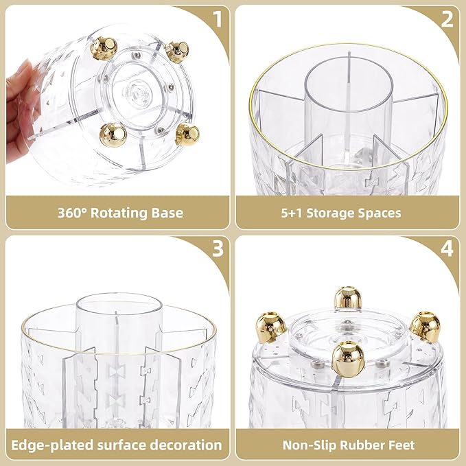 Marbrasse Desk Organizer, 360-Degree Rotating Pen Pencil Holder for Desk, Desk Organizers and Accessories with 5 Compartments Pencil Organizer (Transparent gold edge)