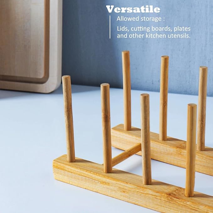 Yuixoseu 4 Pcs Bamboo Wooden Dish Rack, Plate Organizer for Cabinet Space Saver and Kitchen Counter, Bowl/Cup/Pot Lid/Cutting Board Drying Holder (4 Slots)