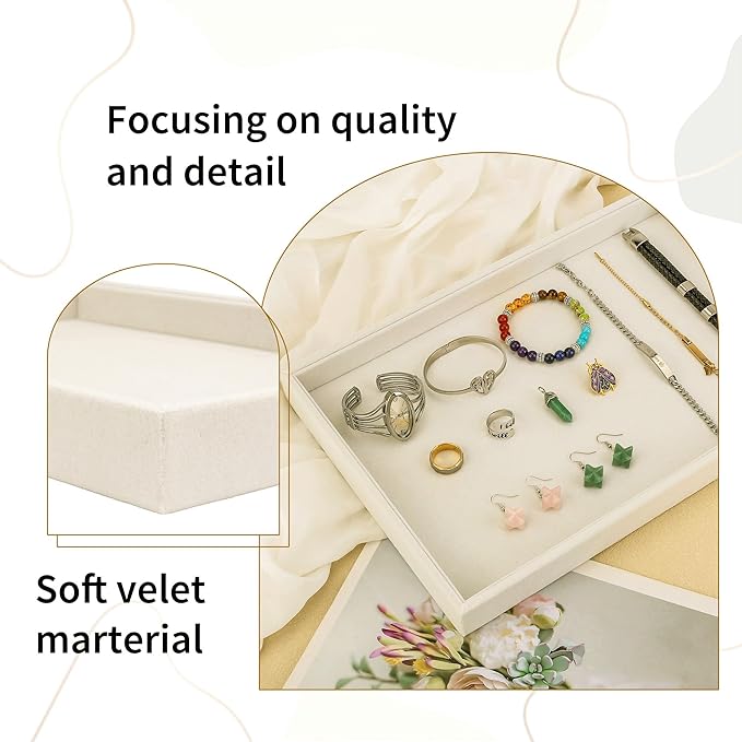 Mornajina 2 Pcs 13.8" x 9.5" Velvet Jewelry Tray Jewelry Display Tray Flat Tray, Stackable Empty Plate Trays for Earrings Necklaces Bracelet Rings Display Showcase - Light Khaki