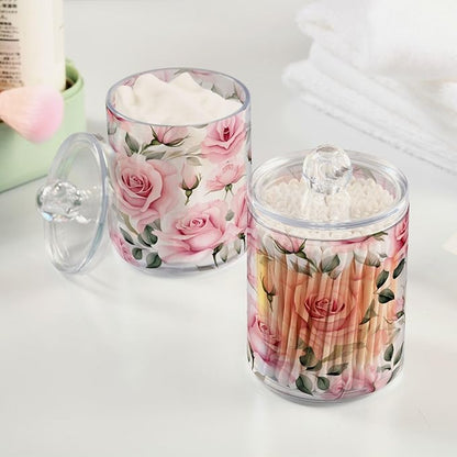 MNSRUU 2 Pack Qtip Holder Organizer Dispenser Pink Roses Pink Bathroom Storage Canister Cotton Ball Holder Bathroom Containers for Cotton Swabs/Pads/Floss