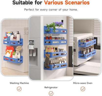 4 Pack Strong Magnetic Spice Rack for Refrigerator, Multipurpose Magnetic Shelf for Fridge with 4 Hooks for kitchen and Bathroom Organization, Blue