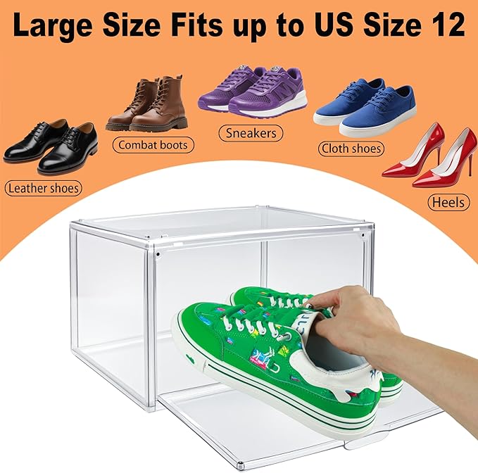 3BBYJL 12 Pack Acrylic Sneakr Shoe Display Case, Size 12.5 Shoe Storage Boxes Clear Stackable Purse Handbag Organizer Under Bed Storage Bins with Magnetic Lids
