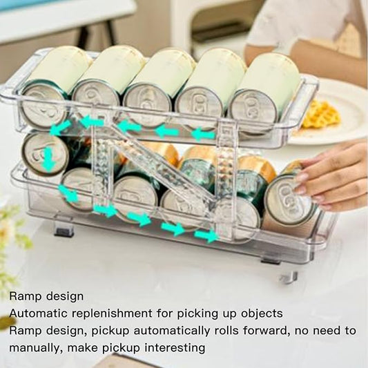 Adjustable Soda Can Organizer 2 Layer Clear Expandable Beverage Dispenser with Automatic Rolling Mechanism for Refrigerator, Fridge, Pantry, and Freezer