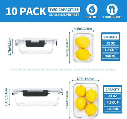 10-Pack Glass Food Storage Containers with Lids [Air-Tight,Leak-Resistant] Glass Containers for Food Storage, Meal Prep, Microwave, Freezer, Dishwasher Safe