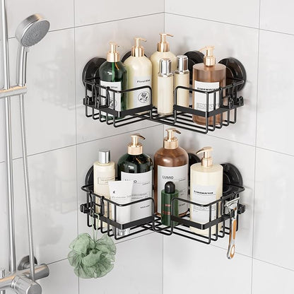 LEVERLOC 2 Pack Corner-adaptive Suction Cup Shower Caddies, Drill-Free Wall Mounted Basket, Stainless Steel Rustproof Corner Shower Shelf, Large Capacity Removable Suction Bathroom Organizer, Black