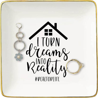 Topthink Realtor Gift - Real Estate Agent Closing Gift for Valentines Day, Birthday, Christmas - Best Broker I Turn Dreams Into Reality Ceramic Jewelry Holder Ring Dish Trinket Tray