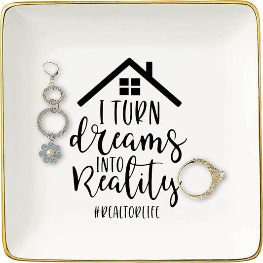 Topthink Realtor Gift - Real Estate Agent Closing Gift for Valentines Day, Birthday, Christmas - Best Broker I Turn Dreams Into Reality Ceramic Jewelry Holder Ring Dish Trinket Tray