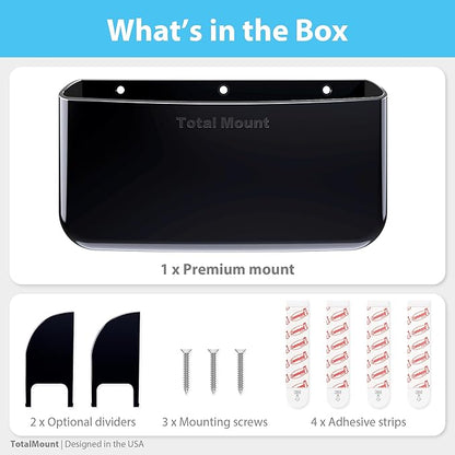 TotalMount Hole-Free Remote Holder – Eliminates Need to Drill Holes in Your Wall (Premium Black Holder for 3 or 4 Remotes)