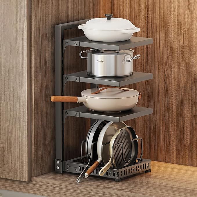 Dxcaicc Adjustable Pot Organizer Rack for Under Cabinet, Heavy Duty Storage Holder for Pots, Pans, and Lids, Space-Saving Kitchen Shelf Organizer,Black,Fourth Layer