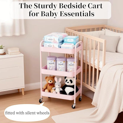 3 Tier Pink Rolling Cart for Nursery & Laundry Room with Handle & 4 Hooks, Metal Kitchen Storage Cart on Wheels and Lockable Casters, Large Capacity Sturdy Trolley for Lash Craft Bathroom