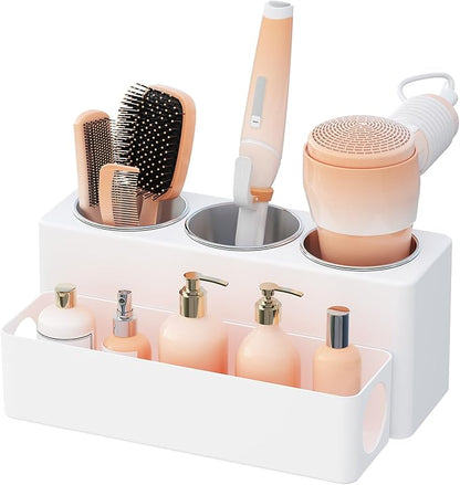 Lifewit Hair Tool Organizer Countertop, Removable Blow Dryer Holder for Bathroom Vanity, Acrylic Hot Tools Organizer Storage for Hair Dryer, Curling Iron, Brush, Straightener, 3 Stainless Cups, White