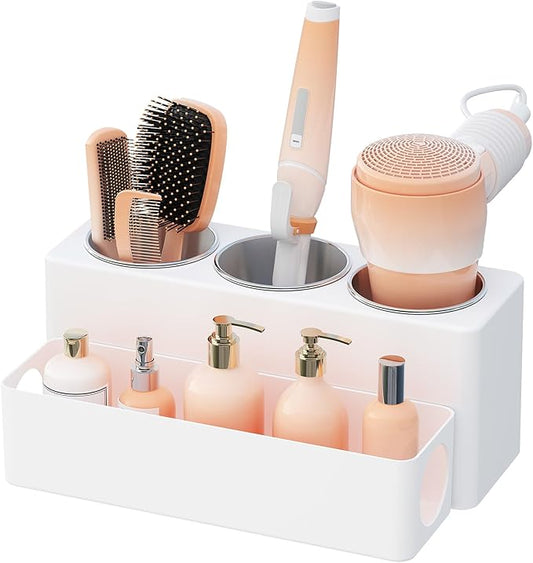 Lifewit Hair Tool Organizer Countertop, Removable Blow Dryer Holder for Bathroom Vanity, Acrylic Hot Tools Organizer Storage for Hair Dryer, Curling Iron, Brush, Straightener, 3 Stainless Cups, White