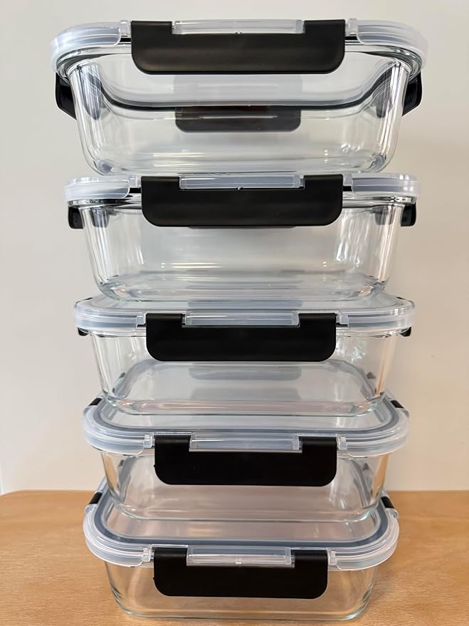 KEKEGO Glass Food Storage Containers Set of 5, Airtight Glass Meal Prep Containers, BPA-Free Lunch Containers for Microwave, Oven, Freezer & Dishwasher Safe（35oz）