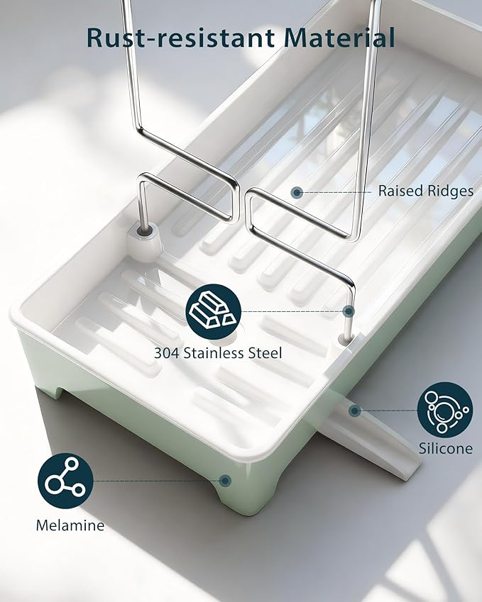 Caumic Minimalist Sink Caddy, Rustproof Sponge Holder for Kitchen Sink with 304 Stainless-Steel Brush Holder, Countertop Rack Organizer with Raised Ridges & Silicone Drain Tube (Mint Green)