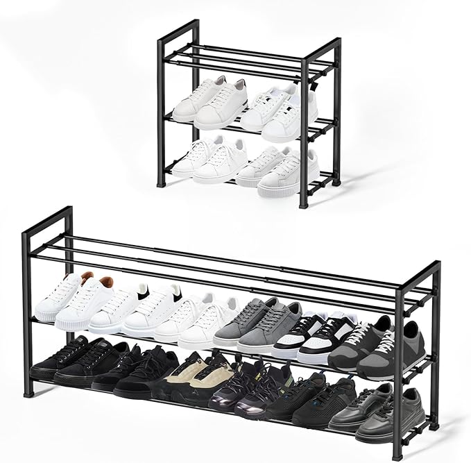 3-Tier Expandable Shoe Rack, 【17“-41“ 】Metal Shoe Shelf Organizer Storage, Adjustable Shoe Shelf Storage Organizer for Entryway/Closet, Space-Saving Shoes Shelfs for Large Families & Renters