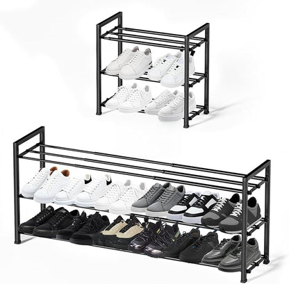 3-Tier Expandable Shoe Rack, 【17“-41“ 】Metal Shoe Shelf Organizer Storage, Adjustable Shoe Shelf Storage Organizer for Entryway/Closet, Space-Saving Shoes Shelfs for Large Families & Renters