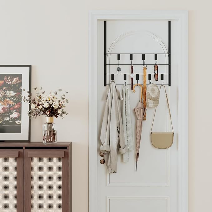 PAPAGIFTREE Over The Door Hooks, Over Door Hanger 9 Hooks, Coat Rack and Towel Rack for Hanging Clothes, Door Towel Hanger and Holder for Bathroom Organizer, Bedroom and Kitchen Black