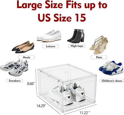 Knifefish 12 Packs Large Acrylic Clear Shoe Boxes with Magnetic Door, Strong Stackable Shoe Organizers, Sneaker Containers, Boot Display Case Up to US Size 15