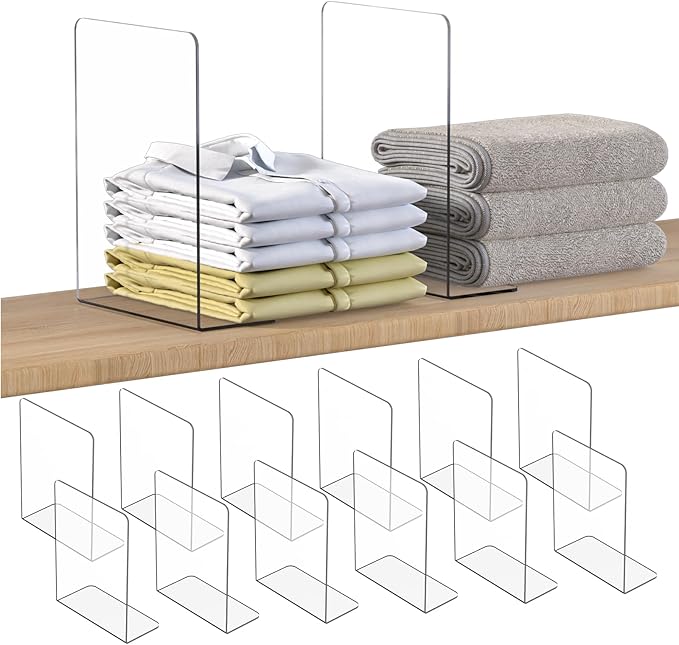 OKPOW Shelf Dividers Closet Organizer - 12" Tall X 9" Deep Acrylic Clear Sturdy Separate for Clothes Purse - Adjustable Space Saver Easy Install for Home Organization Enthusiasts 12 Pack