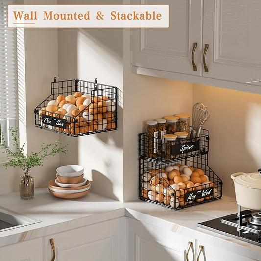 keomaisyto Egg Holder Countertop with Nameplate to Separate Eggs, 3 Tier Stackable Wire Storage Baskets for Gathering Fresh Eggs, Large Egg Rack for Countertop/Wall-Mounted, Medium (Patent Pending)