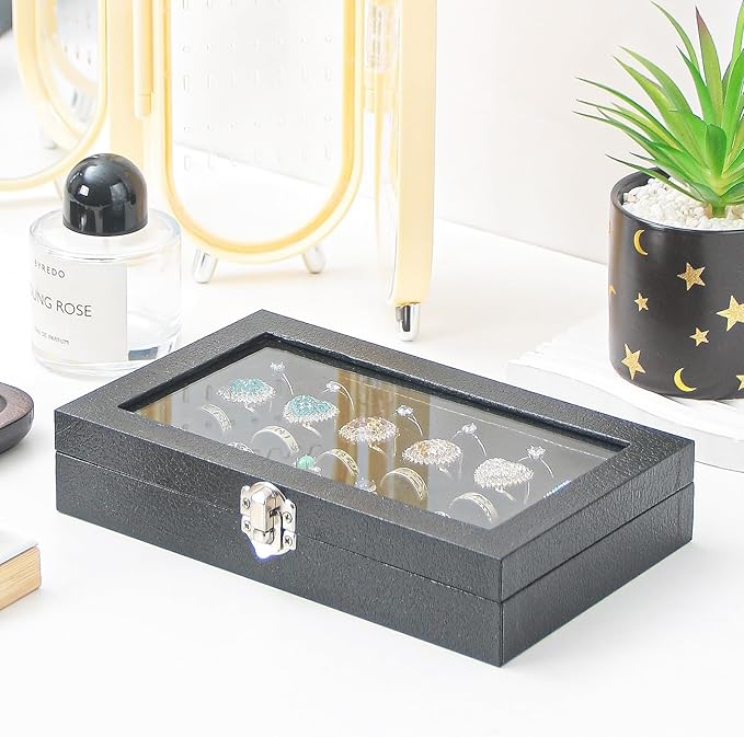 Ring Display Case,Jewelry Ring Organizer Box For Rings,Ring And Earring Holder Box For Girl,Velvet Ring Display Tray (Black, 30 slots)