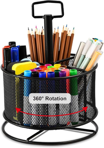 Marbrasse Mesh Desk Organizer, 360-Degree Rotating Multi-Functional Pen Holder, 4 Compartments Desktop Stationary Organizer, Home Office Art Supply Storage Box Caddy (Black)