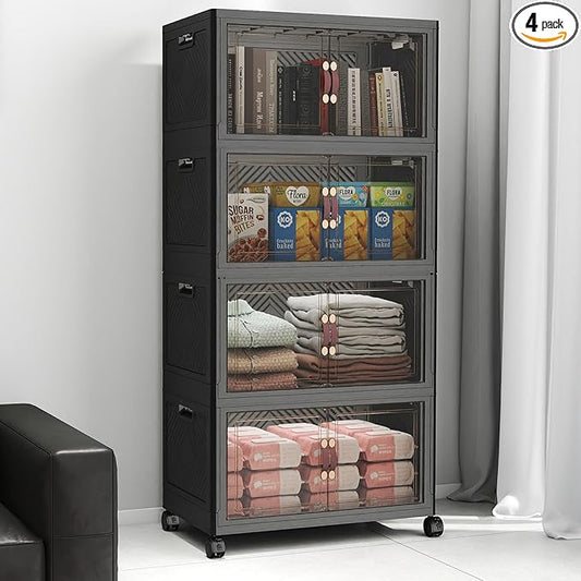 Extra Large Stackable Storage Bins, Lockable Storage Bins with Lids, Folding Storage box with Doors and Wheels, Collapsible Plastic Drawers for Home, Garage, Office (4, Black, Medium)
