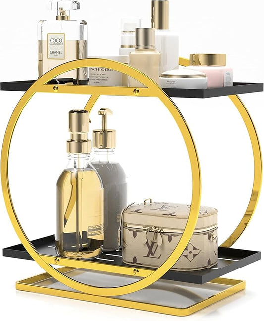World-in-one 2 Tier Perfume Organizer for Dresser, Black Gold Perfume Makeup Perfume Stand Organizer for Vanity, Cosmetics Ideal Gift for Perfume Lovers - Gold