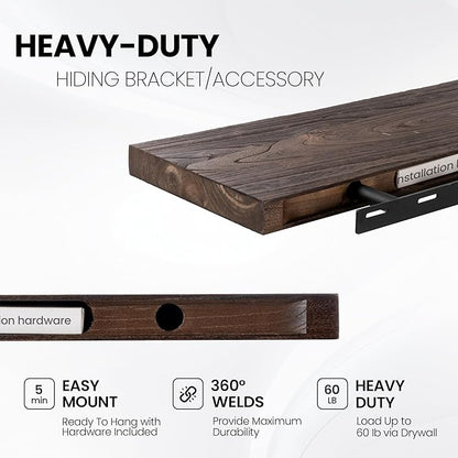 Fun Memories Floating Shelves for Wall Decor, Rustic Solid Elm Wood Live Edge Floating Shelves Wall Mounted, Heavy-Duty Shelf with Invisible Bracket for Living Room Kitchen, 48 Inch Set of 1, Walnut