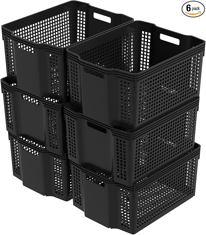 Woven Plastic Shelf Baskets, 6 Pack Stackable Basket Organizer for Pantry, Cabinet, Bedroom, Closet, Laundry Room, 14.8" x 10.9" x 7.1"