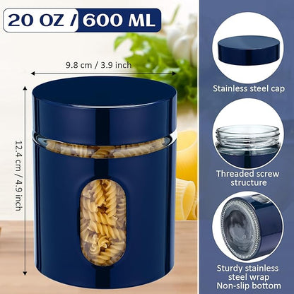 Mimorou 6 Pack Kitchen Canisters Set Airtight Coffee Sugar Tea Storage Jars with Window Glass Stainless Steel Containers with Lids for Flour Cookies Spices Grains Kitchen Decorations(Navy Blue,20 oz)